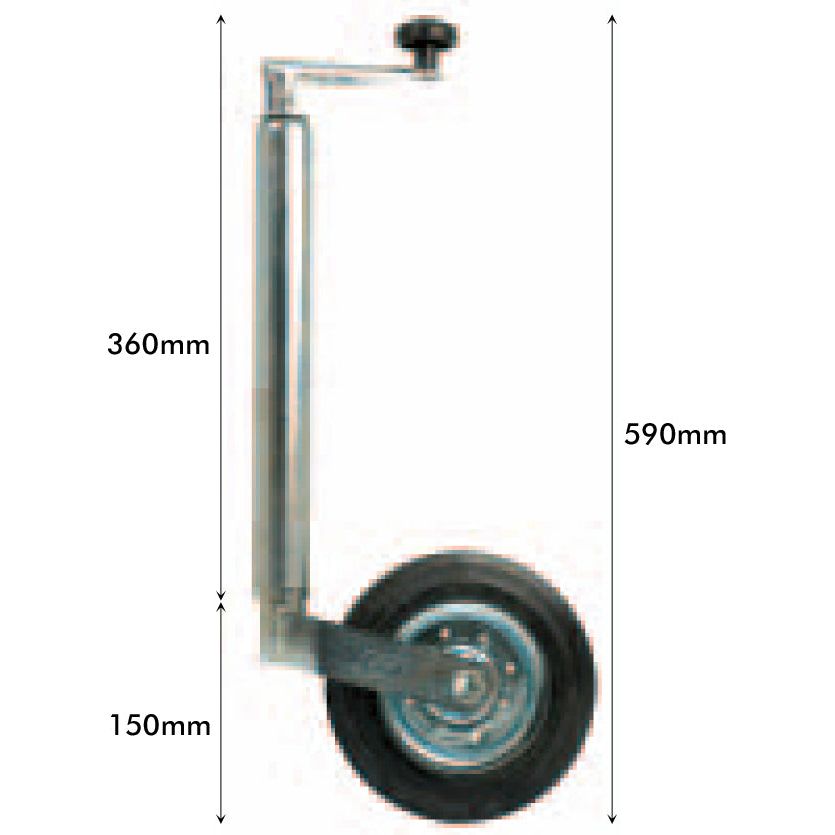 A profile view of the Sparex Jockey Wheel Jack, Tube Ø 42mm - S.3063, showcasing its top crank handle. Crafted from robust steel, it stands 590mm tall with a 360mm adjustable column and a reinforced 150mm wheel.