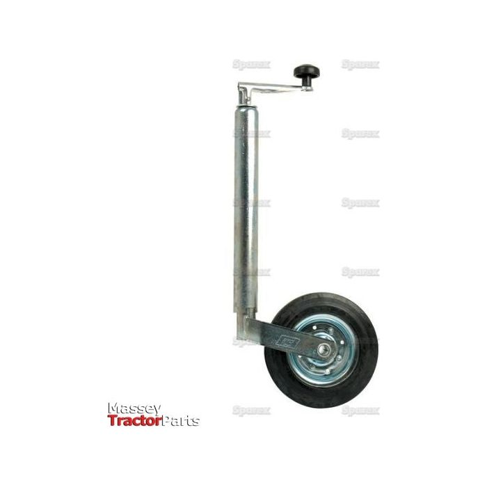 Close-up of the Jockey Wheel Jack from Sparex, featuring a black rubber tire. The wheel is crafted from durable steel and is attached to an extendable metal arm with a crank handle at the top for adjustable height. "Massey Tractor Parts" is visible at the bottom left.