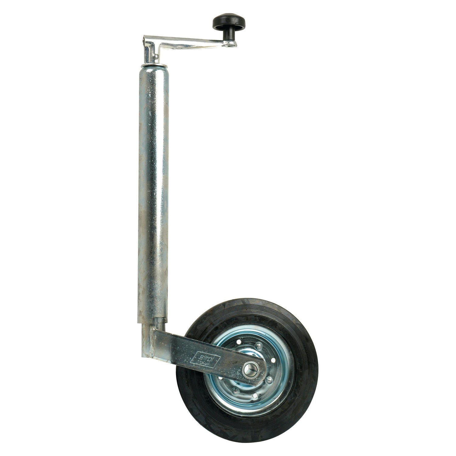 The Sparex Jockey Wheel Jack, Tube Ø 42mm (S.3063) features a single metal body, a black rubber tire, adjustable height settings, and a plastic handle on top.