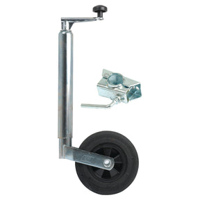 The Sparex Jockey Wheel Jack, Tube Ø 48mm - Complete - S.7628, features a steel construction, black rubber wheel with a diameter of 200mm, mounting bracket, and supports a maximum static load of 100kg.
