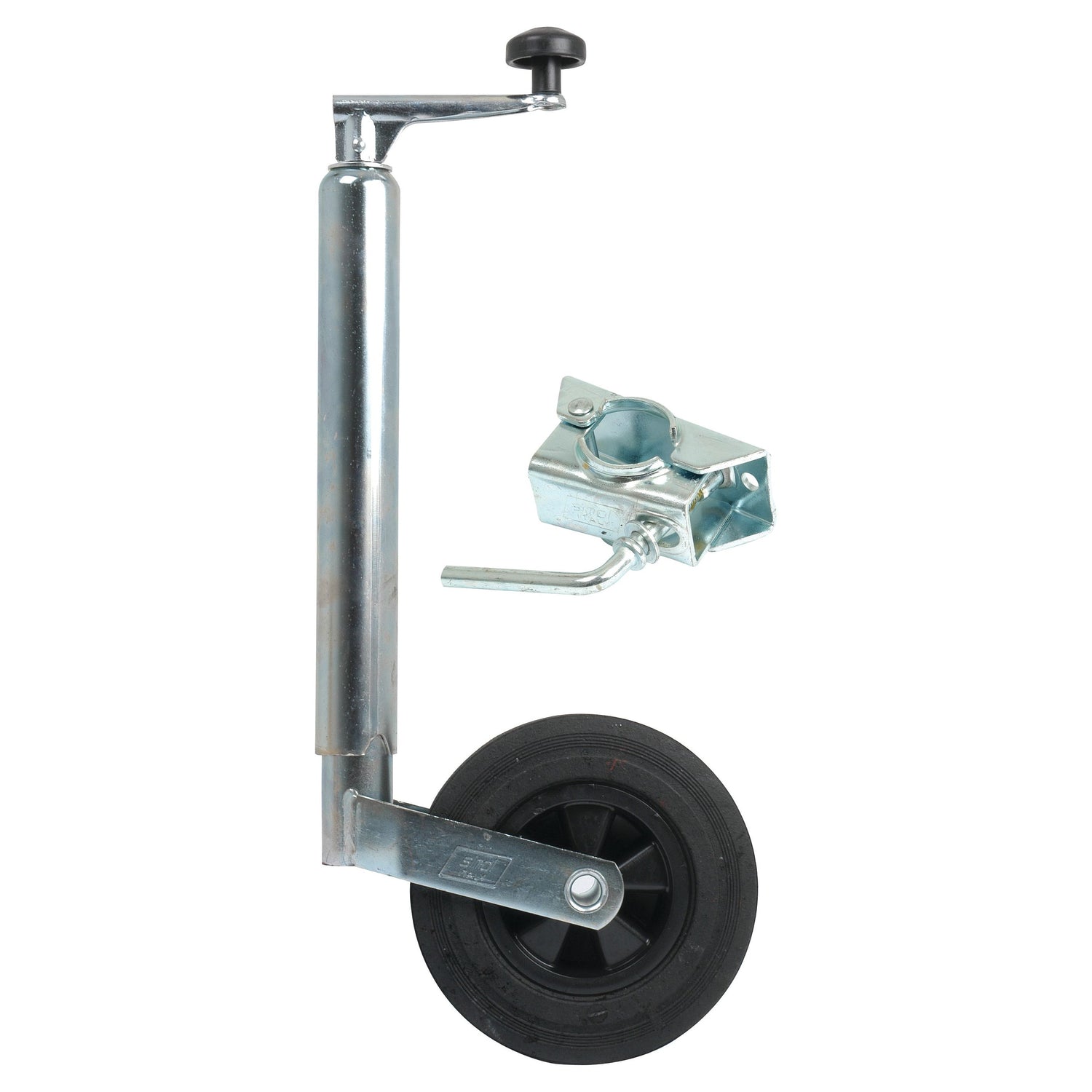 Introducing the Sparex Jockey Wheel Jack, Tube Ø 48mm - Complete (S.7628), featuring a black wheel with a diameter of 200mm and a separate mounting bracket. It is capable of handling a maximum static load of 100kg.