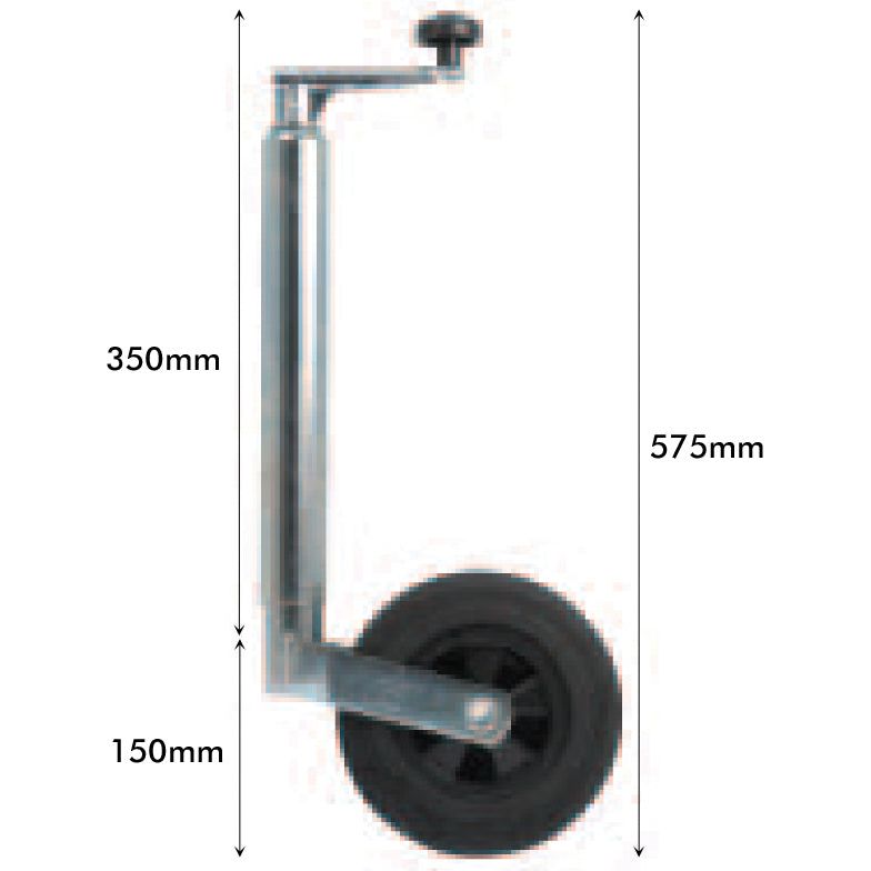 The Sparex Jockey Wheel Jack, Tube Ø 48mm - Complete (S.7628), is a steel wheel assembly with dimensions: a 350mm vertical support, a 150mm horizontal base, and a total height of 575mm. It features a Wheel Ø 200mm and can support a maximum static load of 100kg.