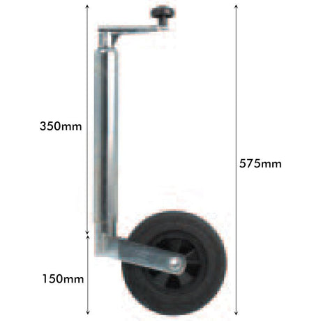 The Jockey Wheel Jack, Tube Ø 48mm - S.4063 by Sparex features a 350mm vertical arm, a 150mm horizontal arm, and a total height of 575mm. Crafted from durable steel material, this assembly boasts a maximum static load capacity of 100kg.