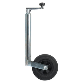 Presenting the Jockey Wheel Jack, Tube Ø 48mm - S.4063 by Sparex: a sturdy metal swivel trailer jack made from high-quality steel, featuring a black rubber wheel and crank handle. This durable jack boasts a maximum static load capacity of 100kg and is designed for secured and efficient handling.