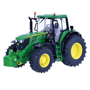 A toy tractor with detailed exterior, featuring black tires, in green and yellow by Gallaghers, is branded "Britains - John Deere 6195M 1:32 - 431503" and evokes the look of a classic John Deere Tractor.