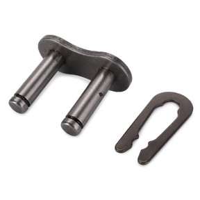 A metal chain master link with two cylindrical pins and a removable clip, perfect for connecting chain ends in machinery or bicycles, including equipment like the Massey Ferguson Combine. This product is known as the AGCO Massey Ferguson - Joining Link 5/8ASA - 329260M91.