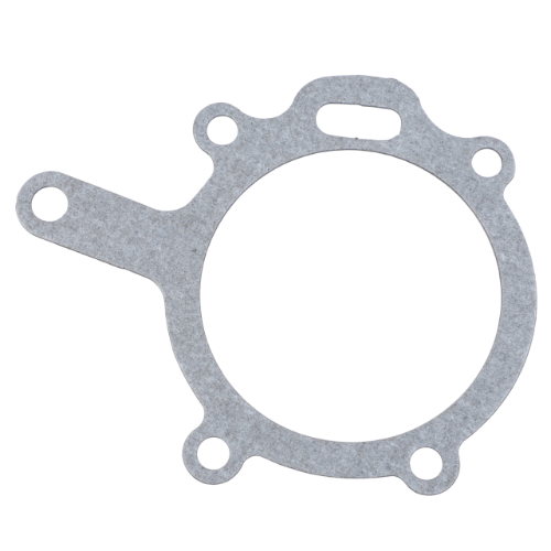 A flat, circular metal gasket featuring an extended tab on the side and several holes along the perimeter, compatible with Massey Ferguson 200 Series tractor models, branded as AGCO's Massey Ferguson - Joint - 4222457M1.