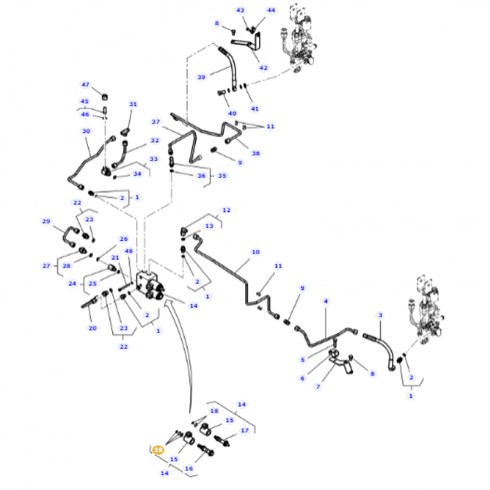 Exploded diagram of a complex mechanical assembly for the Massey Ferguson - Joint Kit - 3909516M91 by AGCO, with numbered parts, bolts, and connectors, illustrating interconnected components and their respective positions.