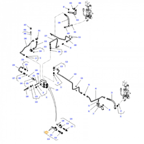 Exploded diagram of a complex mechanical assembly for the Massey Ferguson - Joint Kit - 3909516M91 by AGCO, with numbered parts, bolts, and connectors, illustrating interconnected components and their respective positions.