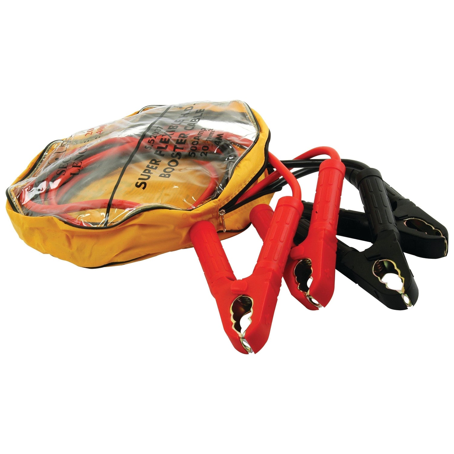 A set of Sparex's Jump Lead, featuring 40mm² (500 Amps) red and black cables with heavy-duty handles and PVC coating, partially placed in a yellow carrying bag with a clear cover.