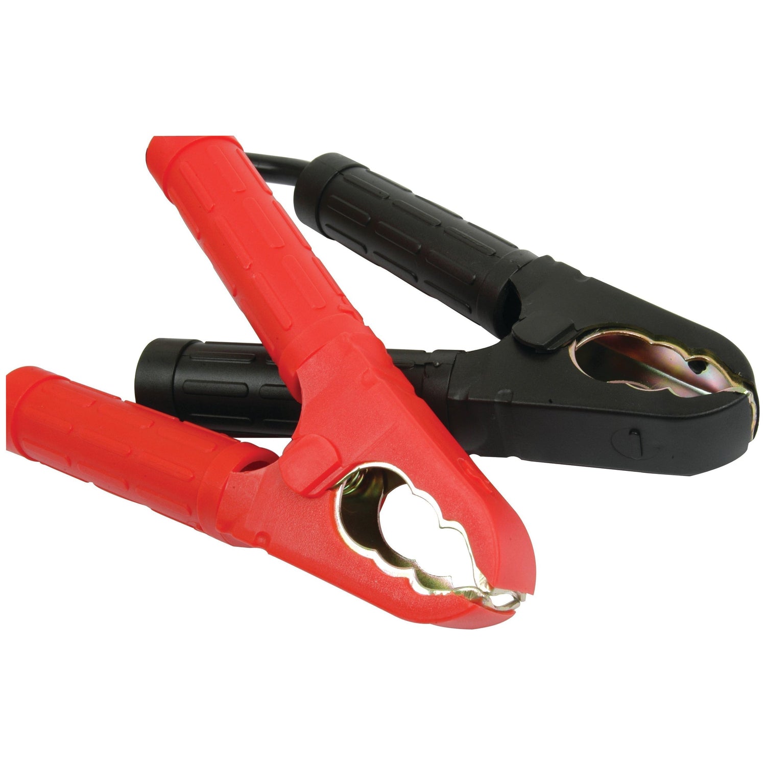 Close-up of red and black Sparex jump lead clamps (40mm², 500 Amps) with a visible metal interior. Featuring heavy-duty handles, these clamps are designed to connect to car battery terminals. The PVC-coated cable ensures durability and oil resistance, making it perfect for automotive needs.