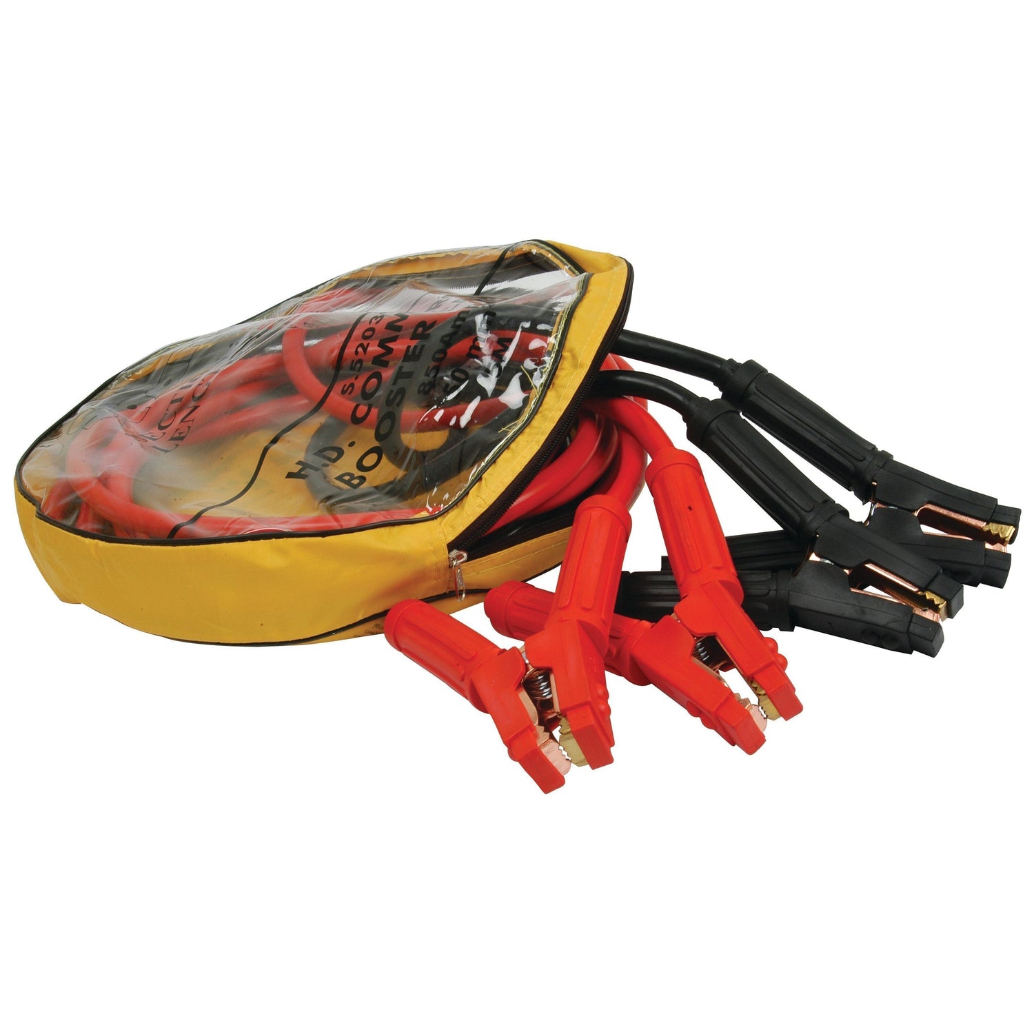 The Sparex S.52038 Jump Lead features 55mm² cables capable of handling 700 Amps, with oil, acid, and heat resistance. It includes extra heavy-duty handles and is stored in a yellow carrying case with a clear top.