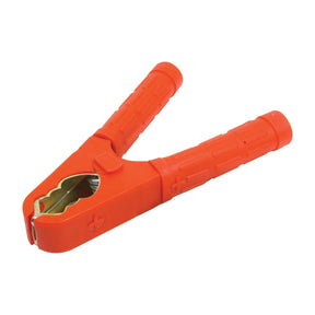 A red, insulated Jump Lead Cable Handle (S.4399) from Sparex, featuring a metal jaw and a "+" symbol, is typically used for car battery connections and is ideal for medium-duty applications. Its 180 amp rating makes it suitable for various booster cable needs.