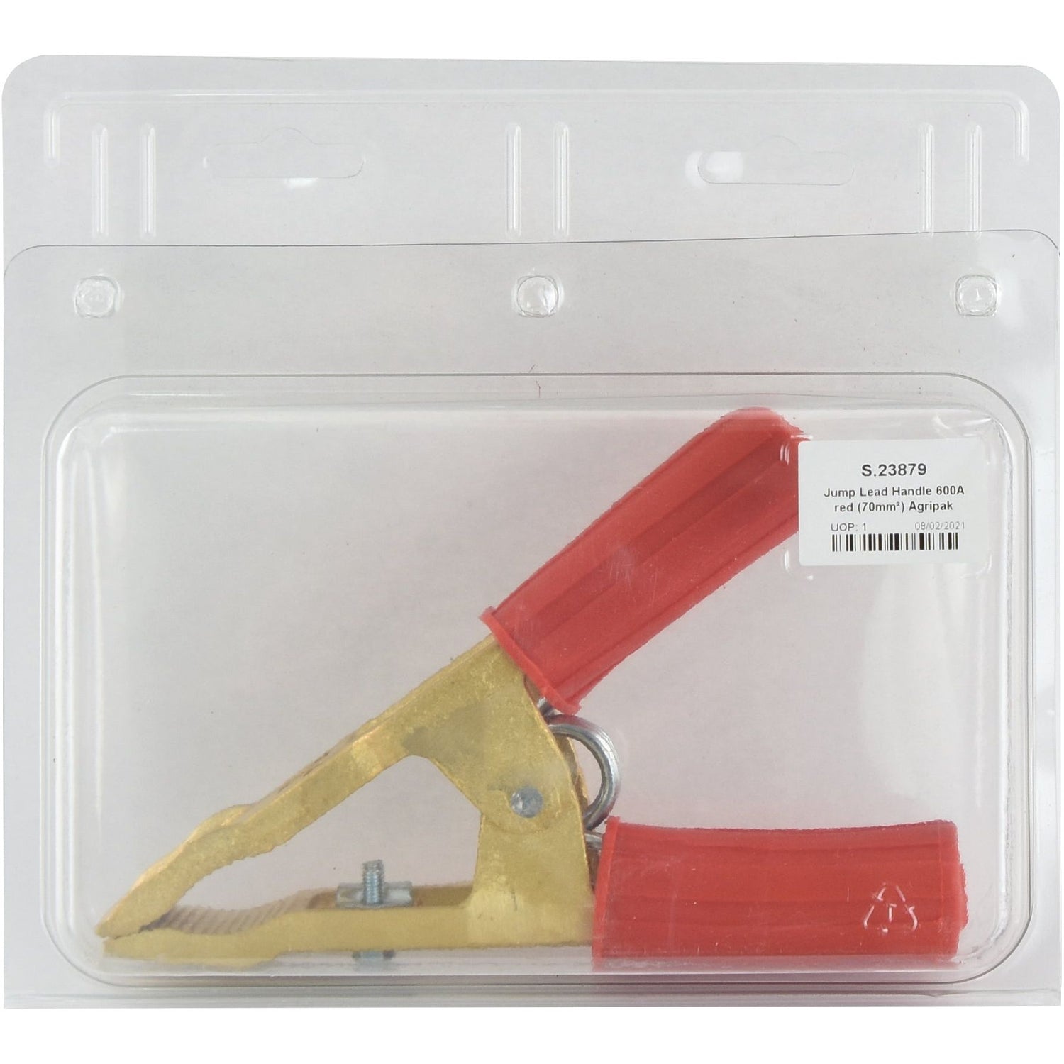 A single Sparex Jump Lead Cable Handle 600a Red (Part No. S.23879) with a metal clamp, packaged in a clear plastic case.