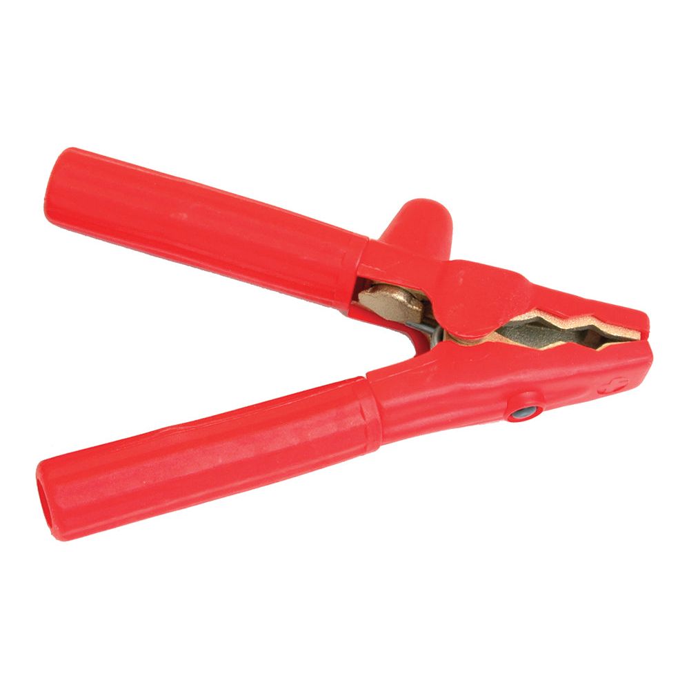 A red-coated metal alligator clip with two handles and a toothed grip, perfect for connecting to the Sparex Jump Lead Cable Handle (Part No.S.35507).