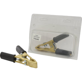 A Jump Lead Cable Handle 400a Black from Sparex (Part No. S.23877) with black insulated handles, capable of handling up to 400 Amps, placed next to a similar Sparex clip in its transparent plastic packaging.