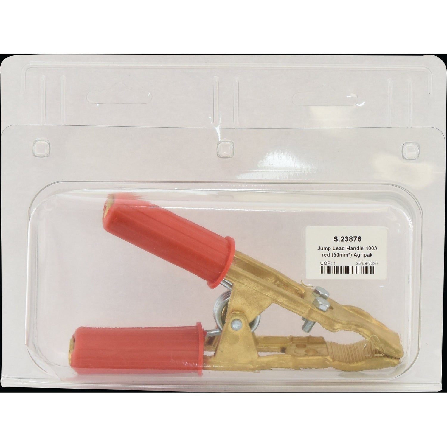 A Sparex Jump Lead Cable Handle 400A Red (Sparex Part No. S.23876), displayed in its transparent plastic casing, containing a single cable with a red handle.