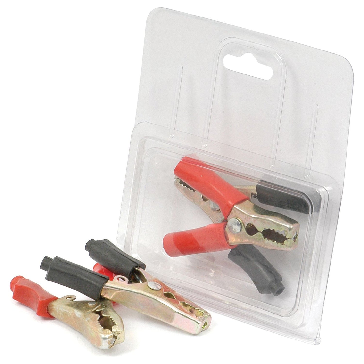 A pair of Sparex Booster Cable Handles 40A (Agripak 2 pcs.), featuring red and black plastic covers over metal alligator clips, positioned on a table alongside their transparent Sparex packaging, ideal for use as a 40A booster cable accessory.