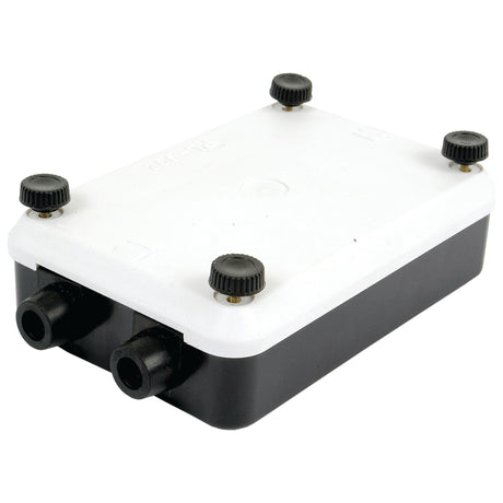 A Sparex Junction Box - Plastic - 12 Terminals (Part No. S.23689) featuring a rectangular enclosure with a white top and black bottom, four black knobs at each corner, two black cable entries on one side, and 12 terminals inside.