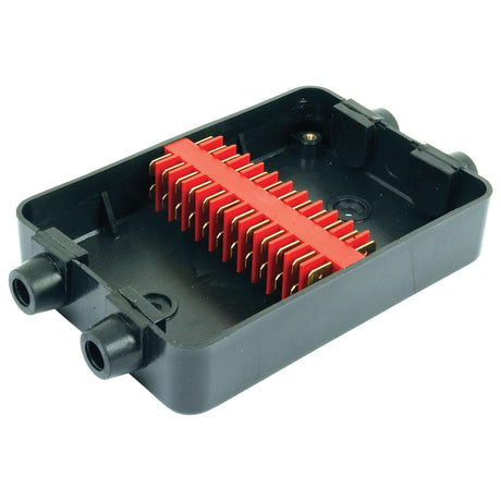 The Sparex Junction Box - Plastic - 12 Terminals (Part No. S.23689) features an open black plastic exterior, resembling a typical electronics enclosure, with a red inner component that includes numerous gold metal connectors and 12 terminals.