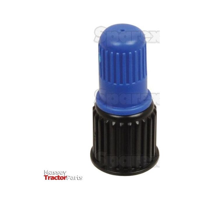 A blue and black tractor valve cap from Massey Tractor Parts, featuring a visible manufacturer's logo in the background. Perfectly complements other essentials like the Knapsack Adjustable Cone Nozzle (Blue) by Sparex, Part No.S.52440, for a seamless farming experience.