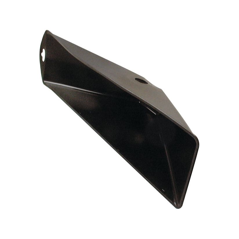 A sleek black rectangular metal scoop, featuring angled sides and a convenient hole near the top for hanging, labeled as Knapsack Hood | Sparex Part No.S.52446 by Sparex, displayed against a plain white background.