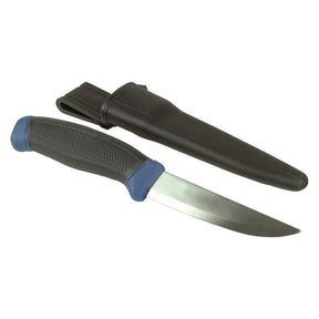 The Sparex Work Knife 95mm Stainless Steel Blade - S.3122 features a black handle with blue accents and comes with a matching black sheath. Its blade length makes it ideal for various outdoor tasks.