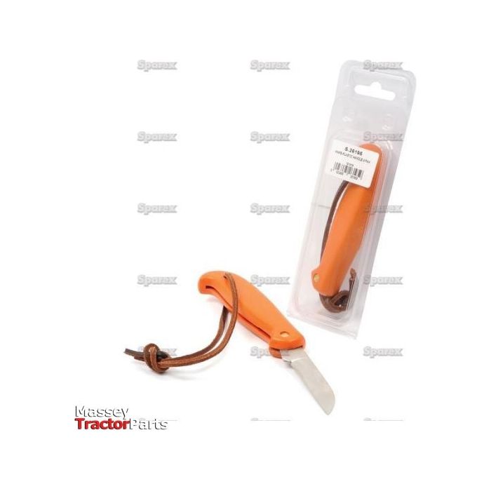 Sparex KNIFE-PLASTIC HANDLE A'PAK - S.26195, an orange folding utility knife with a leather lanyard, is displayed both in and out of its plastic packaging. The blade is constructed from durable stainless steel.