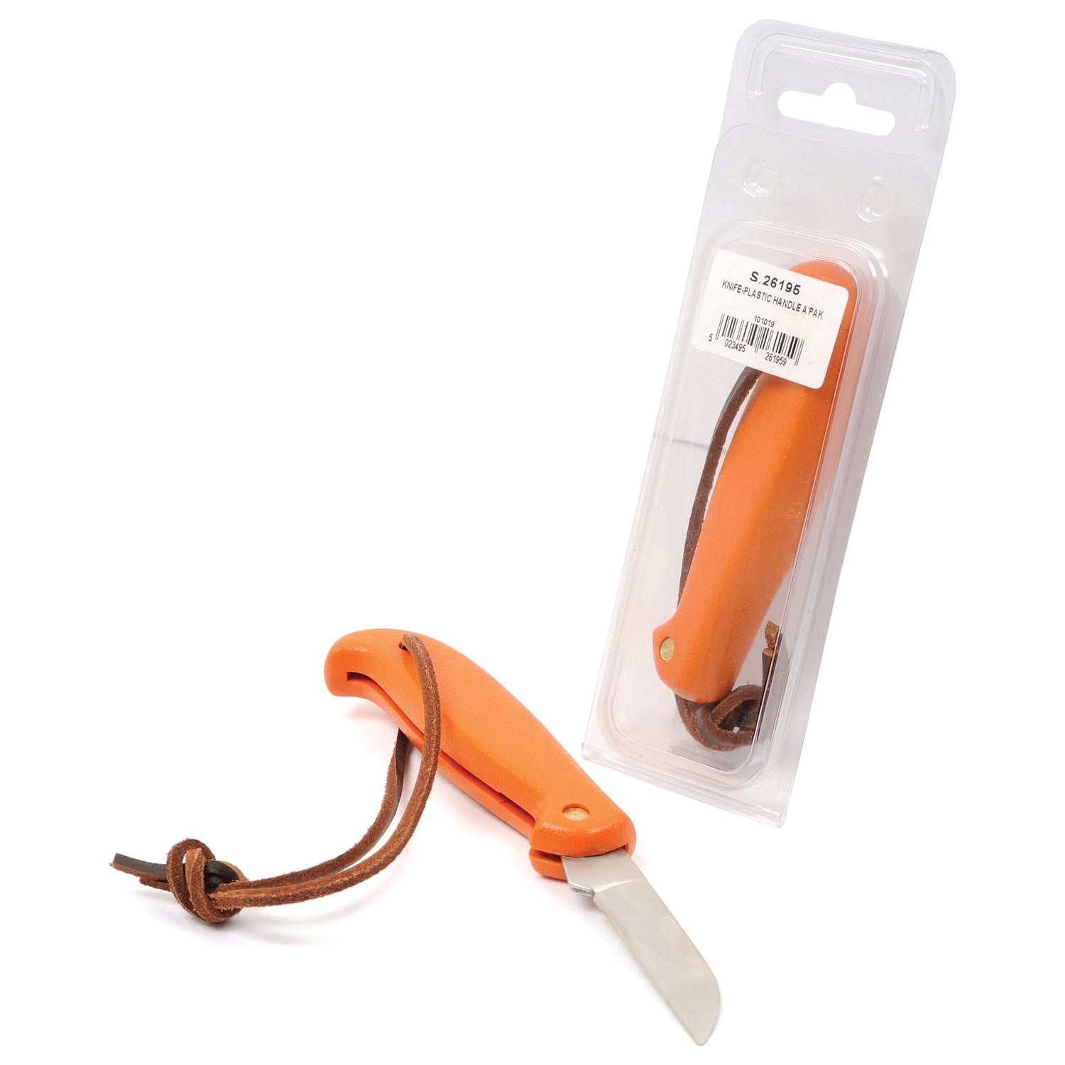 A Sparex KNIFE-PLASTIC HANDLE A'PAK - S.26195, featuring an orange folding design, a stainless steel blade, and a brown leather strap, shown both in and out of its packaging.