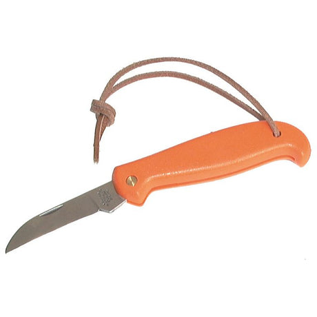 A folding knife from the Sparex brand (product name: KNIFE-PLASTIC HANDLE - S.12434), featuring a stainless steel blade, an orange plastic handle, and a brown leather strap attached to it.