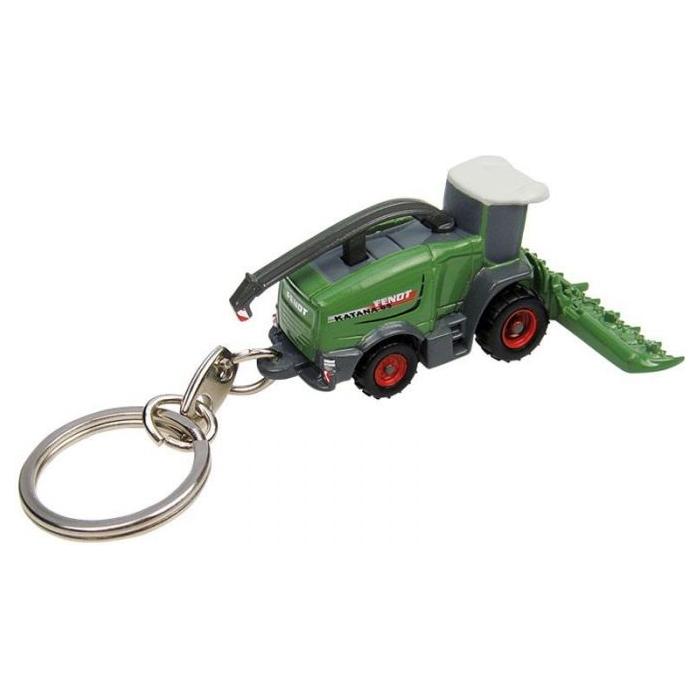 A keychain featuring a small, 1:128 scale accurate model of a green agricultural tractor with red wheels, attached to a metal keyring, called the Fendt - Katana Keyring - X991005055000 by AGCO.