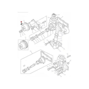 Exploded view of a mechanical assembly for a Massey Ferguson 300 Series tractor, highlighting numerous components such as gears, shafts, and bolts with labeled parts. An inset displays a detailed diagram of the sub-component: AGCO's Key Water Pump Pulley with product number 3638549M1.