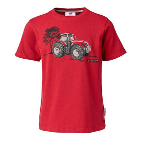 The AGCO Massey Ferguson Kid's Red T-Shirt with Tractor Print (X993312216) features a large graphic of a tractor and tree on the front.