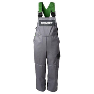 A pair of AGCO Fendt Kids Bib & Brace Overalls (Product Code: X991018118) in gray, featuring green adjustable shoulder straps and a "Fendt" logo on the chest.