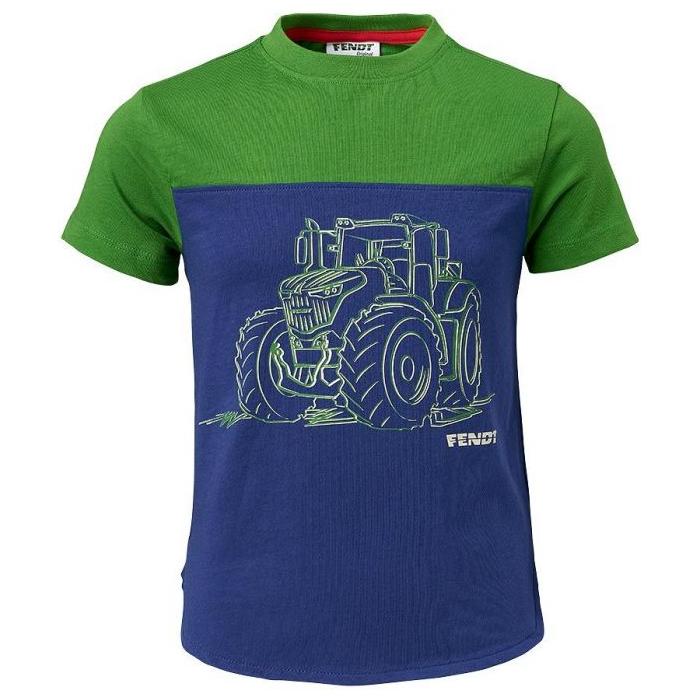 The AGCO Fendt Kids T-shirt (X99102012C) is a green and blue children's tee made of soft cotton, adorned with a detailed Fendt 1050 Vario print and the word "Fendt" on the front.