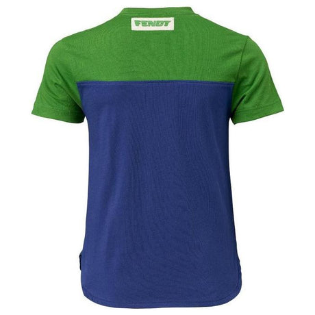 Back view of the AGCO Fendt - Kids Green and Blue T-shirt (X99102012C), featuring a green top section and blue bottom section, along with a white label with text at the upper back. Made from soft cotton, it showcases a cool Fendt 1050 Vario print.