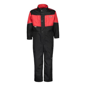 A red and black full-body insulated AGCO Kids Overalls - V42800 coverall with long sleeves, a front zip covered by a button flap, multiple multipurpose pockets, and reflective details.