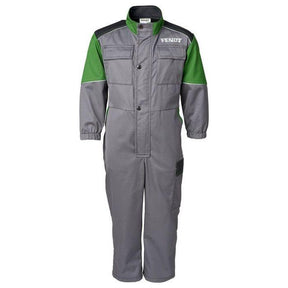 A children's coverall in gray and green, branded with the "FENDT" logo on the chest, features multipurpose pockets and reflectors for enhanced visibility. This is the Fendt - Kids Overalls by AGCO (Product Code: X991018124).
