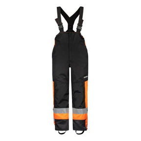 Valtra - Kids Winter Trousers - V428041 by AGCO feature high-visibility black and orange colors, adjustable suspenders, reflective strips on the legs, and are crafted from water-resistant material.