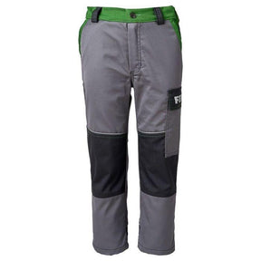 Introducing the AGCO Fendt - Kids Work Trousers - X991018130, a pair of gray and green pants featuring reinforced knees, multiple pockets, and reflectors for enhanced visibility.