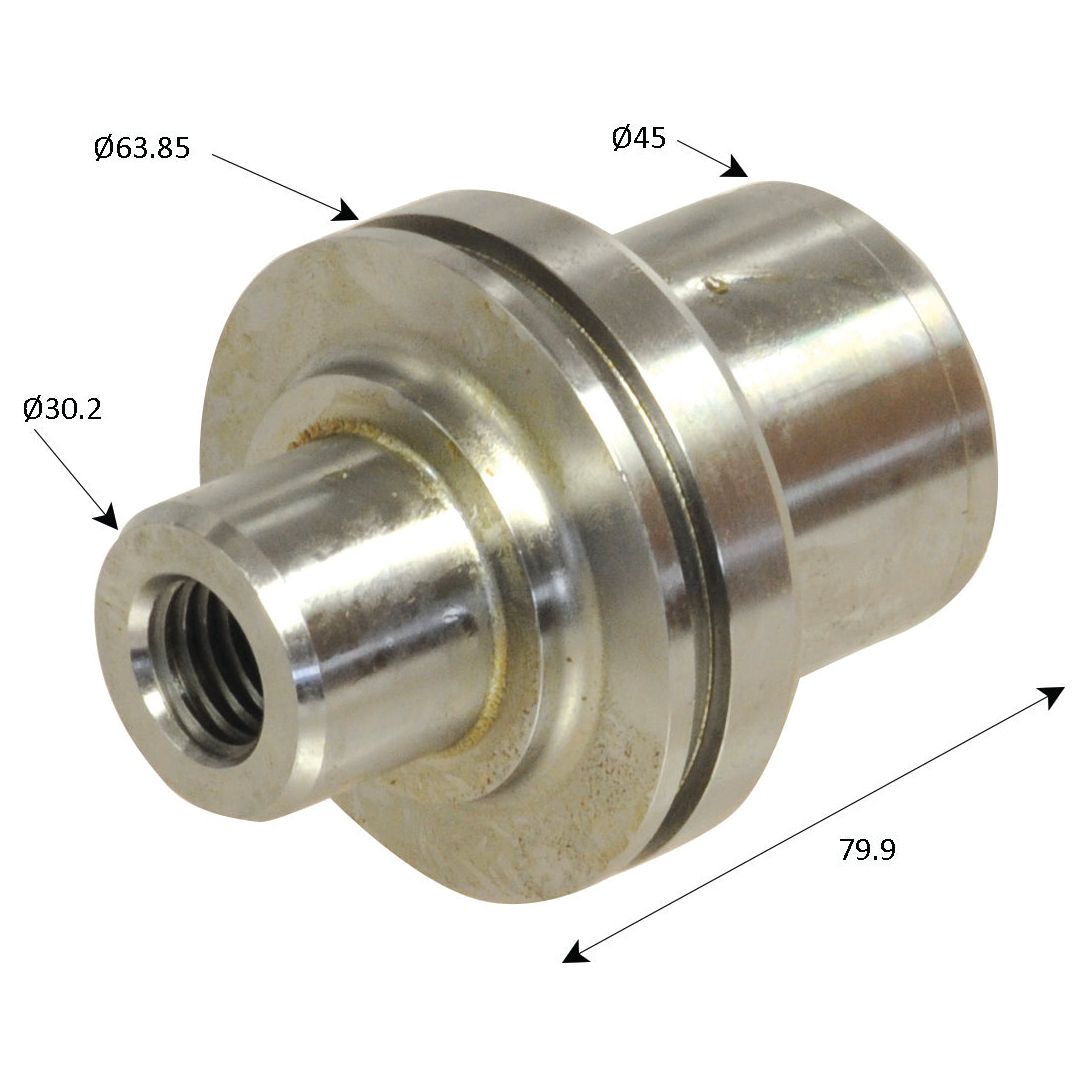 The King Pin - S.42641 by Sparex is a cylindrical metal component designed for metric tools, featuring a diameter of 63.85mm, 30.2mm, and 45mm, with a length of 79.9mm. It includes a threaded interior section ideal for precise applications.
