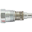 Close-up of a metallic mechanical component with a hexagonal nut, cylindrical body, and coiled spring, marked with the words "Massey Tractor Parts." This part is compatible with the Sparex Kit Multifaster - Female Cartridge - Size 1/4'' - 3/8'' BSP (Part No. S.114038).