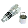 A close-up of a metallic hydraulic valve assembly with an attached spring, lying next to a cylindrical cap with a detached spring, resembles components found in the Sparex Kit Multifaster - Female Cartridge - Size 3/8'' - 1/2'' BSP (Sparex Part No. S.31072).