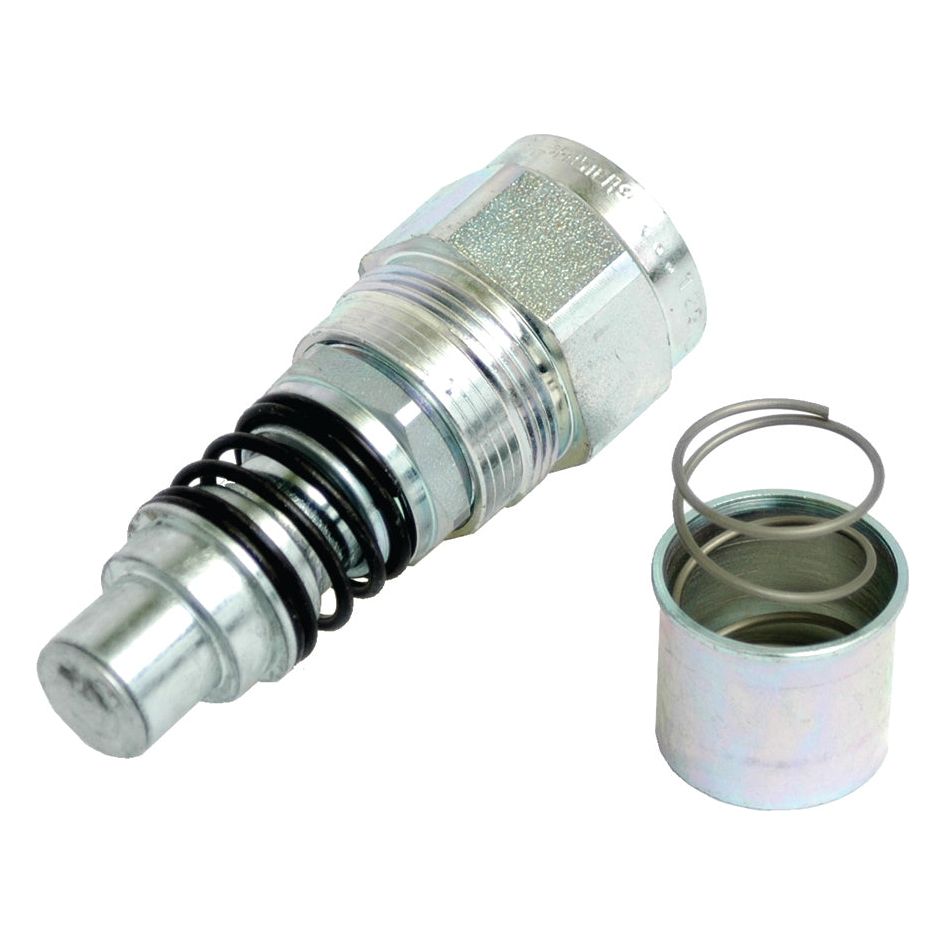 Close-up of a metal hydraulic valve, part of the Kit Multifaster - Female Cartridge (Size 3/8'' - 9/16 UNF), with an adjacent cylindrical cap and spring, featuring a UNF thread for secure connections. Sparex Part No. S.143295 by Sparex.