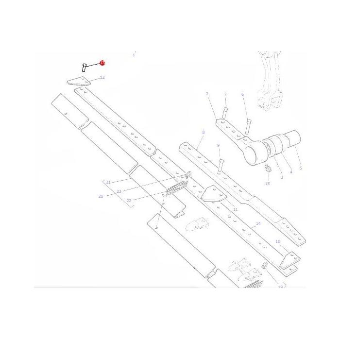 Technical diagram illustrating the assembly of a mechanical or automotive part, such as the Massey Ferguson - Knife Section Rivet - 10404X by AGCO, with numbered components and fastening hardware.
