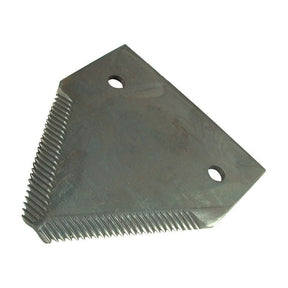 The Sparex Knife Section features a triangular metal blade with over serrated edges, two 6.5mm holes spaced 50mm apart, making it an ideal replacement part for John Deere equipment, specifically fitting model P49650H (S.78437).