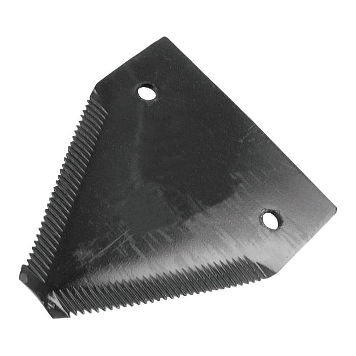 The Sparex Knife Section features a triangular metallic blade with over serrated edges and two holes, making it an ideal replacement for New Holland models 365110 and S.78433. The blade measures 83x76x2.75mm, with hole diameters of 5.5mm and hole centers spaced at 52mm apart.