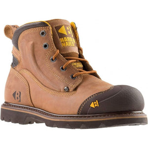 A Buckler - Safety Lace Boot Steel Toecap - B550Sm in tan and dark brown, branded as "Hard as Nails," featuring yellow logo accents and sturdy laces.