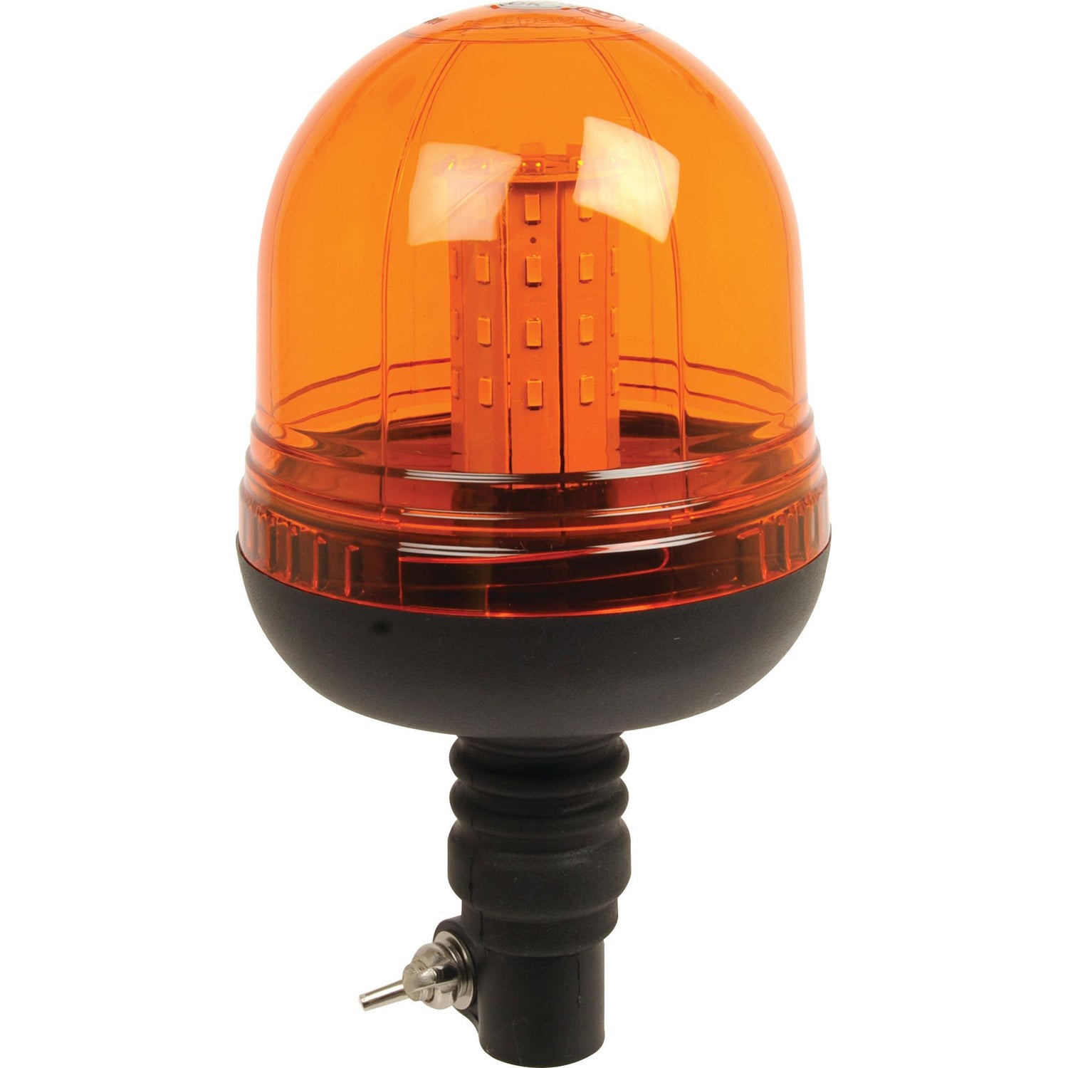 Photo of the Sparex LED Beacon (Amber) with a transparent dome-shaped cover and black base, featuring rotating double flashes. Ideal for emergency or warning situations, this beacon is IP55 rated for durability and operates on 12-24V with Class 3 interference protection.