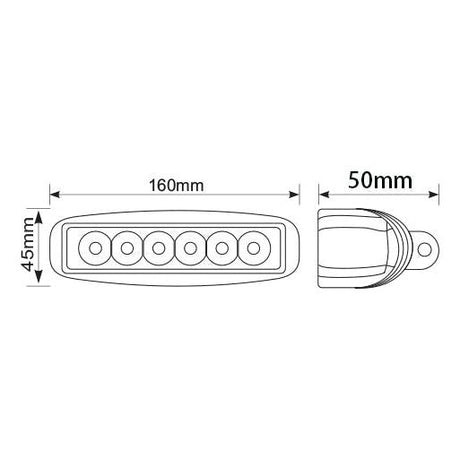 Diagram of the LED Flat Work Light Bar from Sparex, featuring a rectangular design with rounded edges. Measuring 165mm in length, 45mm in height, and 50mm in width, it includes six circular indentations along its length and boasts an IP67 rating for ultimate protection. The light offers a raw output of 2500 lumens and operates within a voltage range of 10-30V.